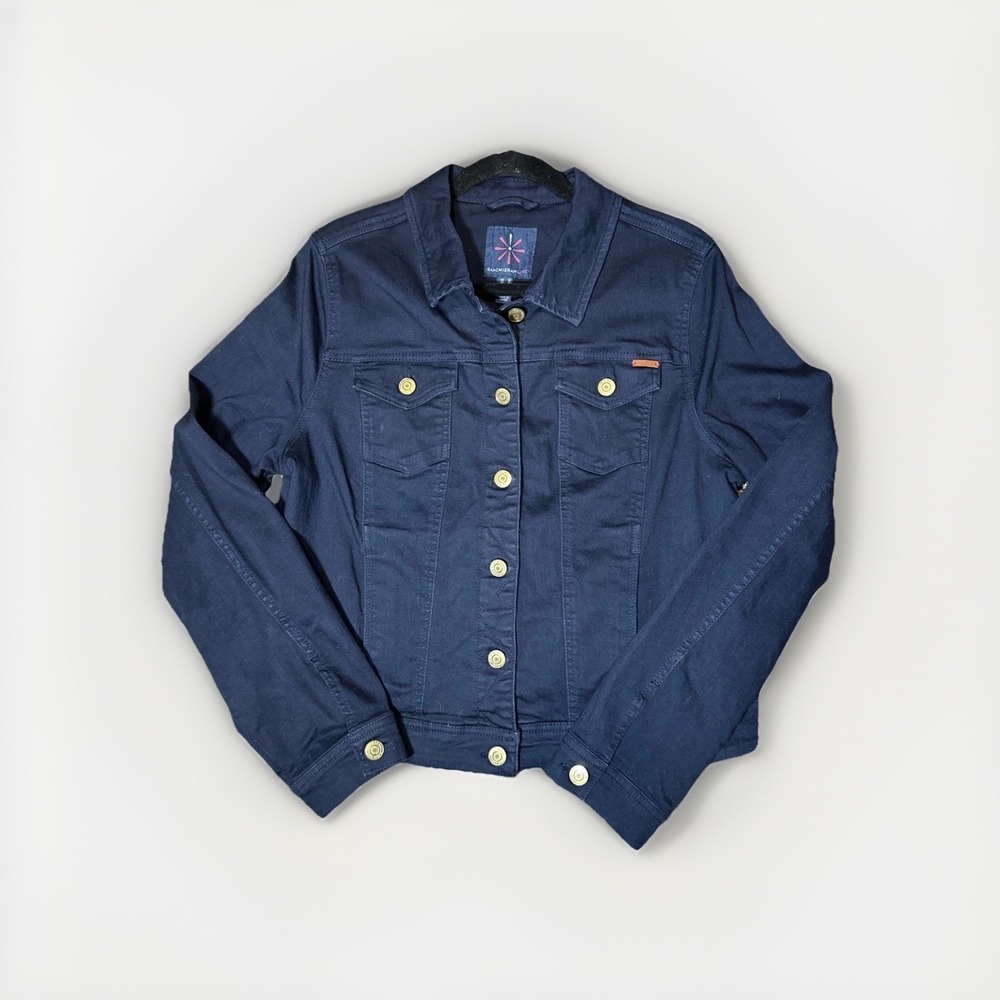 Isaac‎ Mizrahi Live! Knit Denim Jean Jacket Women's 12 Dark Blue Brass Buttons